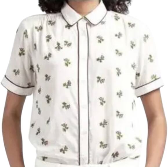 Les Coyotes De Paris Tops - Les Coyotes De Paris Ida Flower Embroidered Blouse Ecru Collared Short Sleeve XS